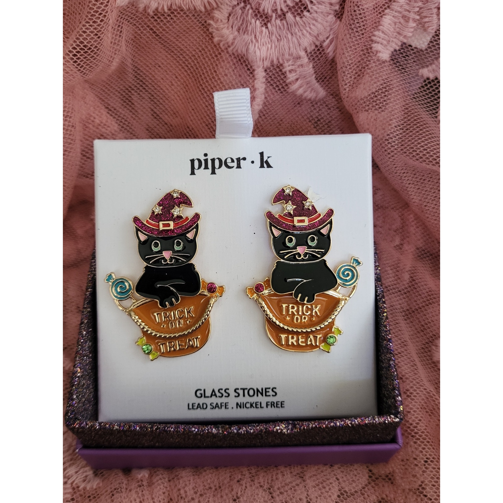 Piper K Black Cat Halloween Candy Trick Or Treat Movement Kitten Earring Nwot